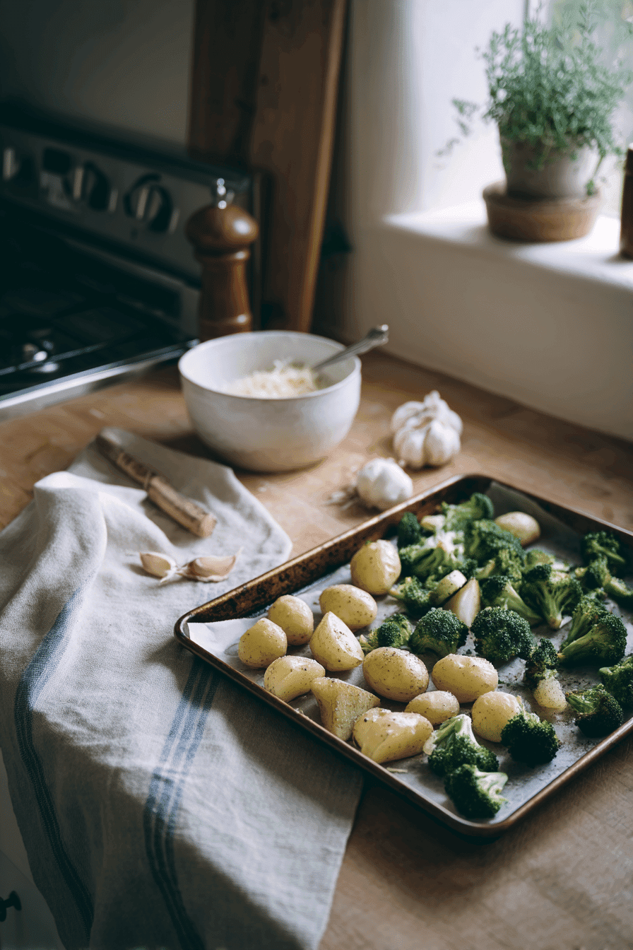 roasted parmesan potatoes and broccoli