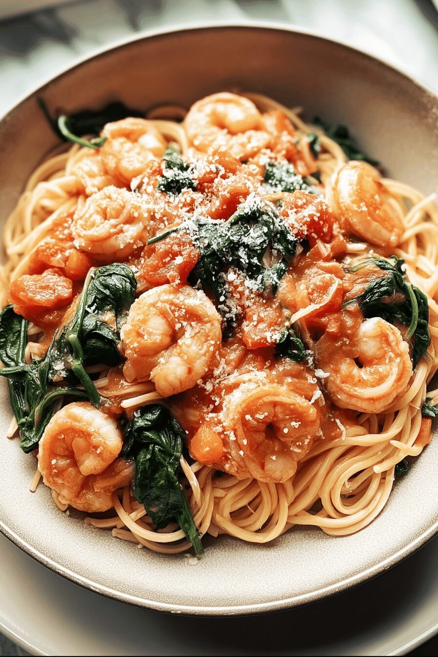 Tomato Spinach Shrimp Pasta