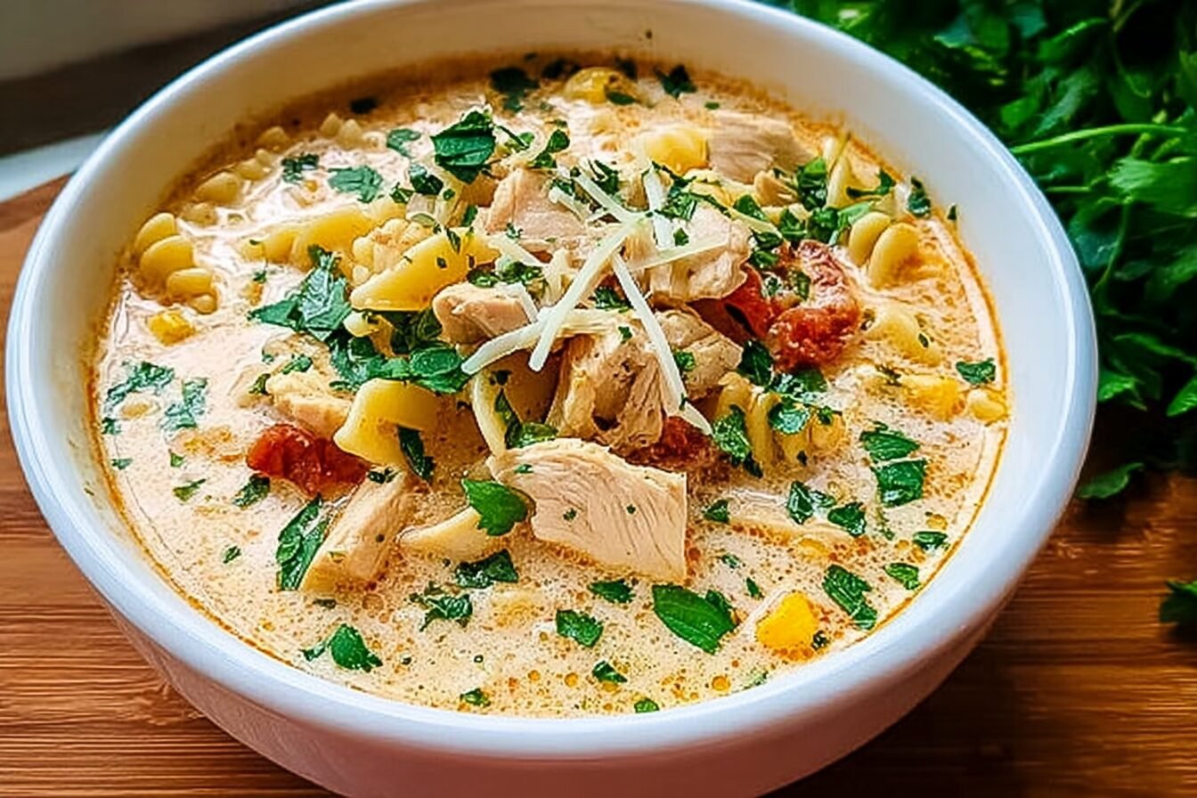 Creamy Parmesan Cajun Chicken Pasta Soup
