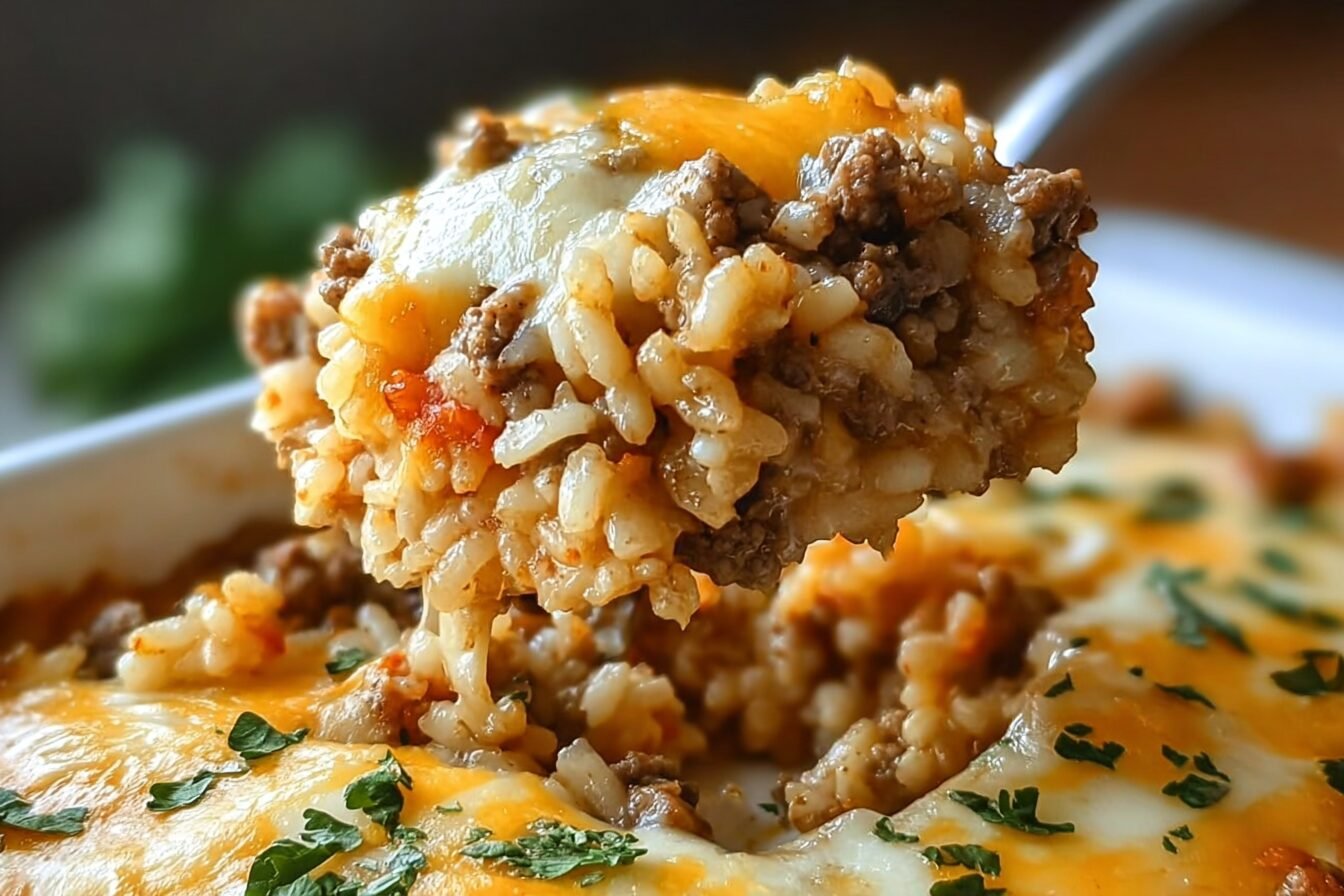 Cheesy Ground Beef And Rice Casserole