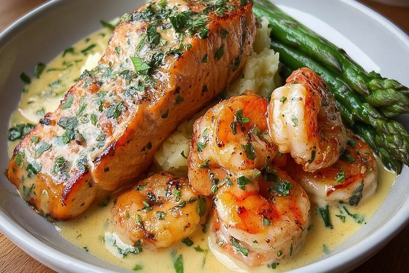 Cajun Shrimp And Salmon With Garlic Cream Sauce
